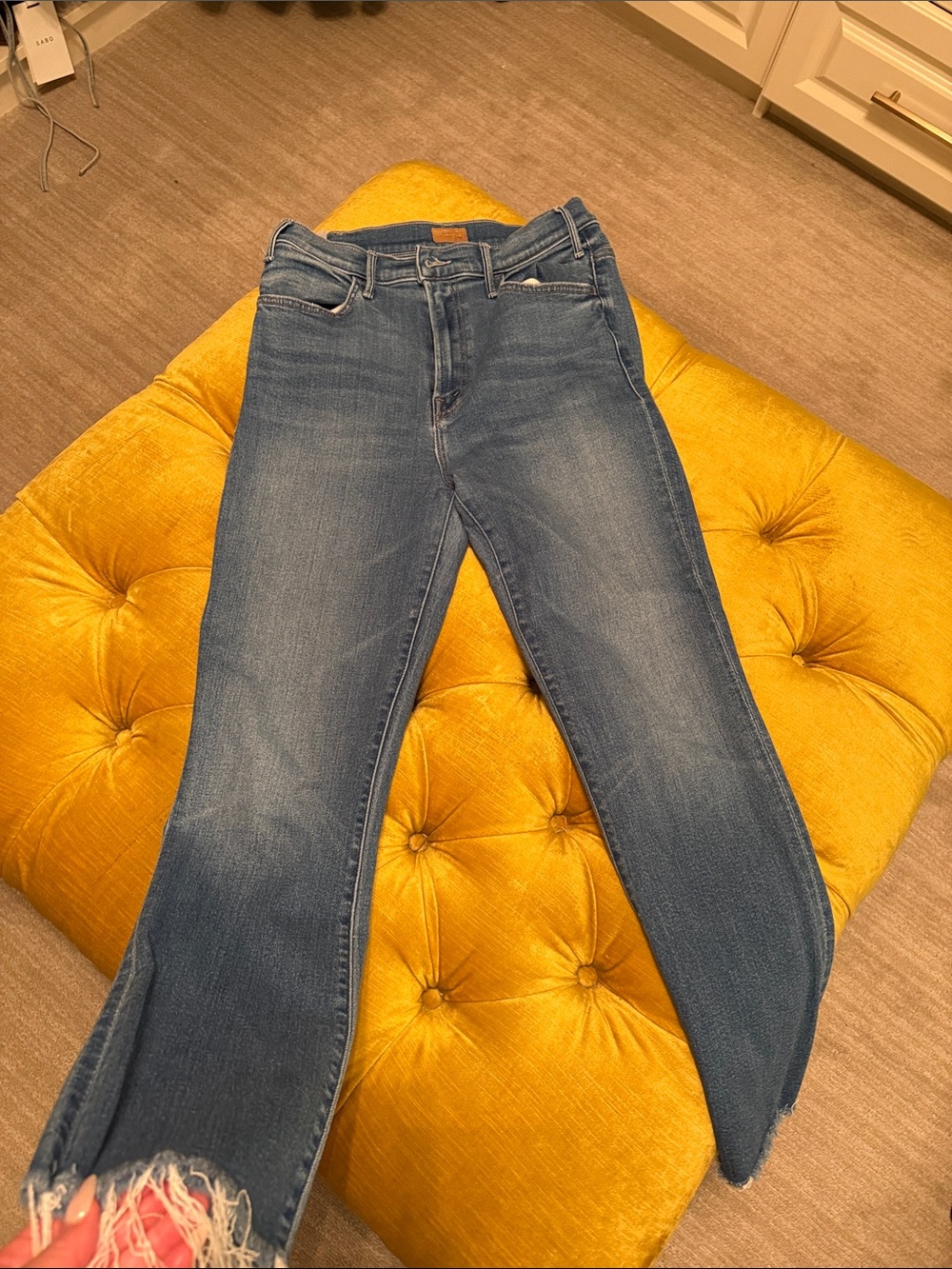 MOTHER Straight-Leg Mid Blue Jeans with Raw Hem - Picture 3 of 3